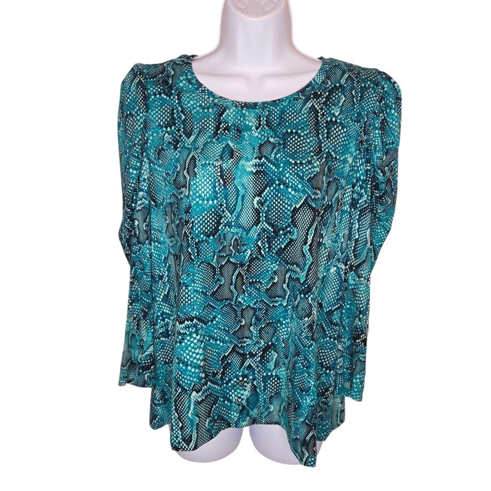 Chicos Turquoise Snake Print 3/4 Puff Sleeve Romance Top Python Sz 2 Large 12/14